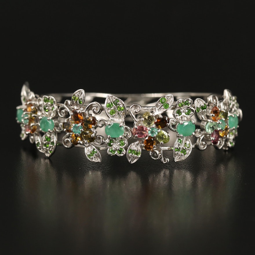 Sterling Emerald, Tourmaline and Gemstone Floral Hinged Bangle