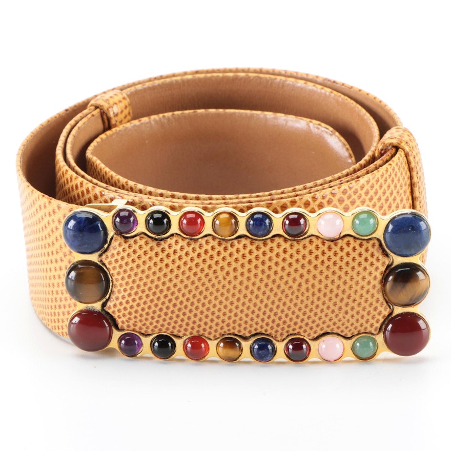 Judith Leiber Belt in Karung Skin with Gemstone Cabochon Embellished Buckle