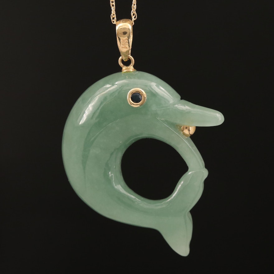 14K Carved Jadeite and Sapphire Dolphin Pendant Necklace