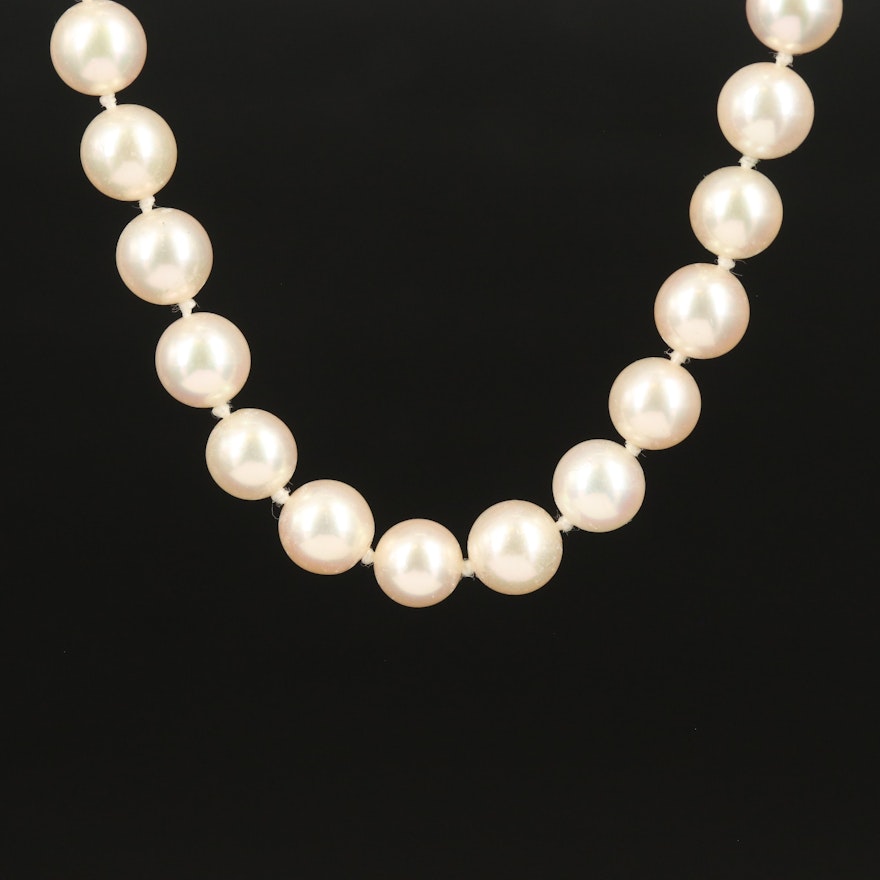 Vintage Mikimoto Near-Round Pearl Necklace with 14K Clasp