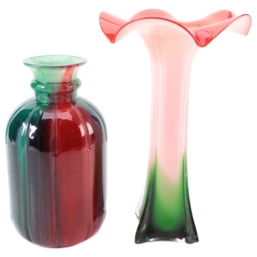 Red, White and Green Ombre Art Glass Calla Vase, Spanish Recycled Glass Vase