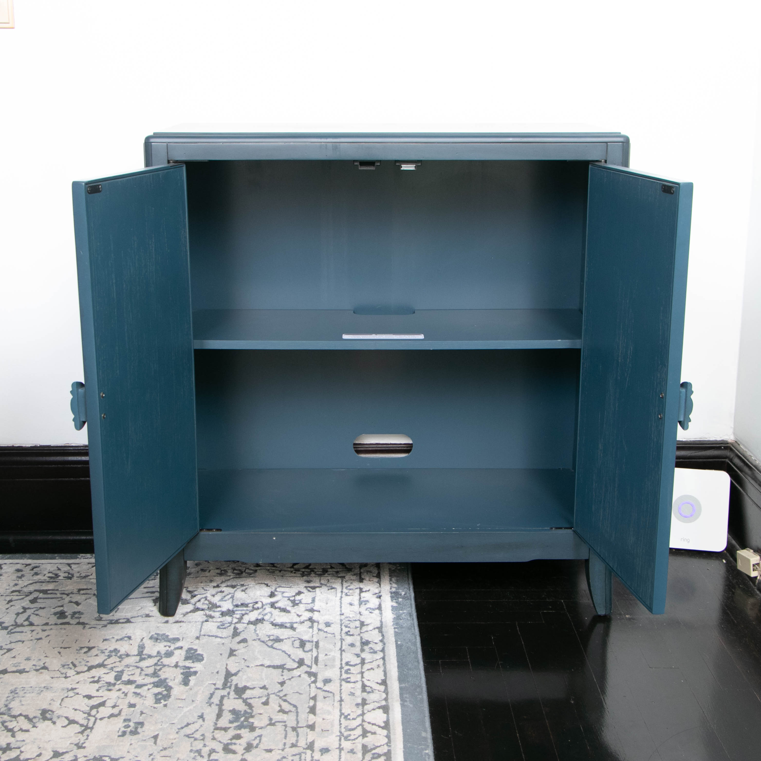 Pike & Main Denim Blue and Gilt Floral Carved Wood Cabinet