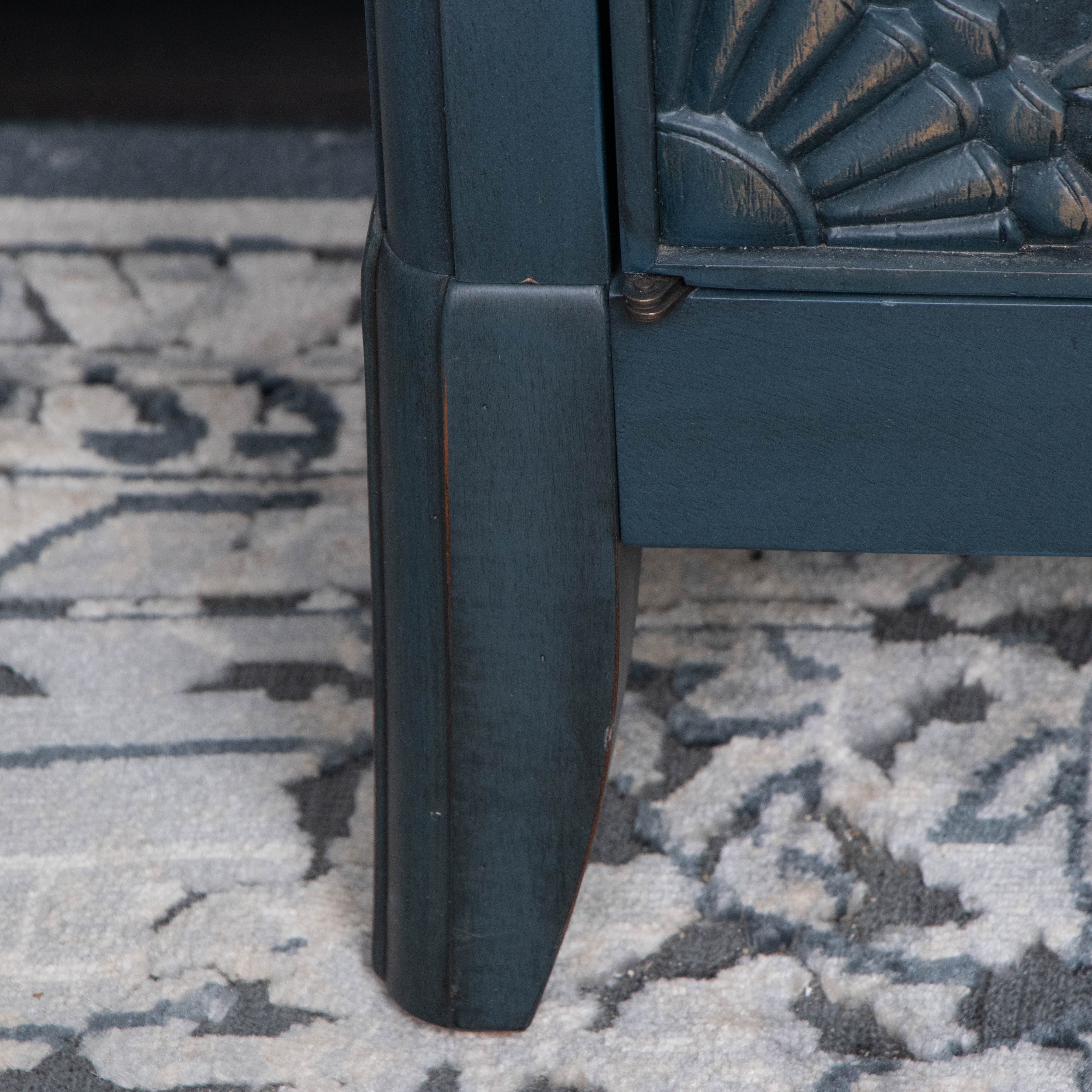 Pike & Main Denim Blue and Gilt Floral Carved Wood Cabinet