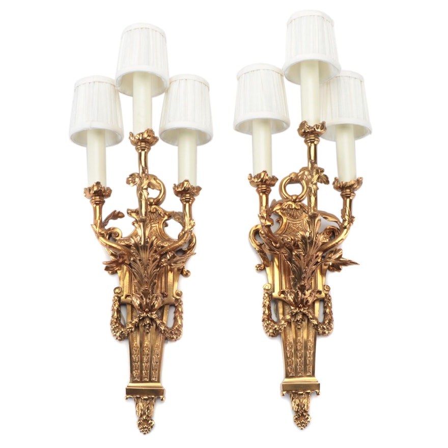 Pair of Neoclassical Style Brass Three-Light Wall Sconces, Early to Mid 20th C.