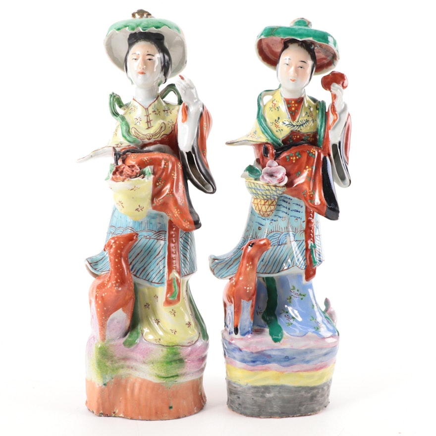 Chinese Porcelain Famille Rose Lady with Deer Figurines