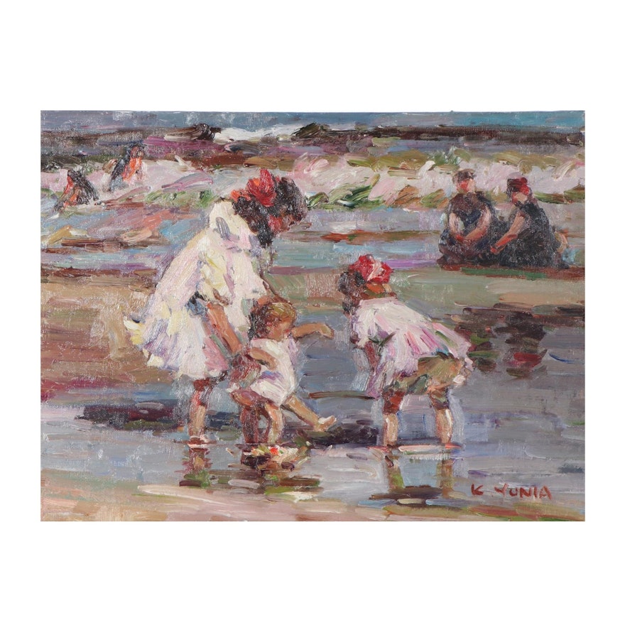 K. Yunia Impressionistic Oil Painting of Children on Beach, 21st Century