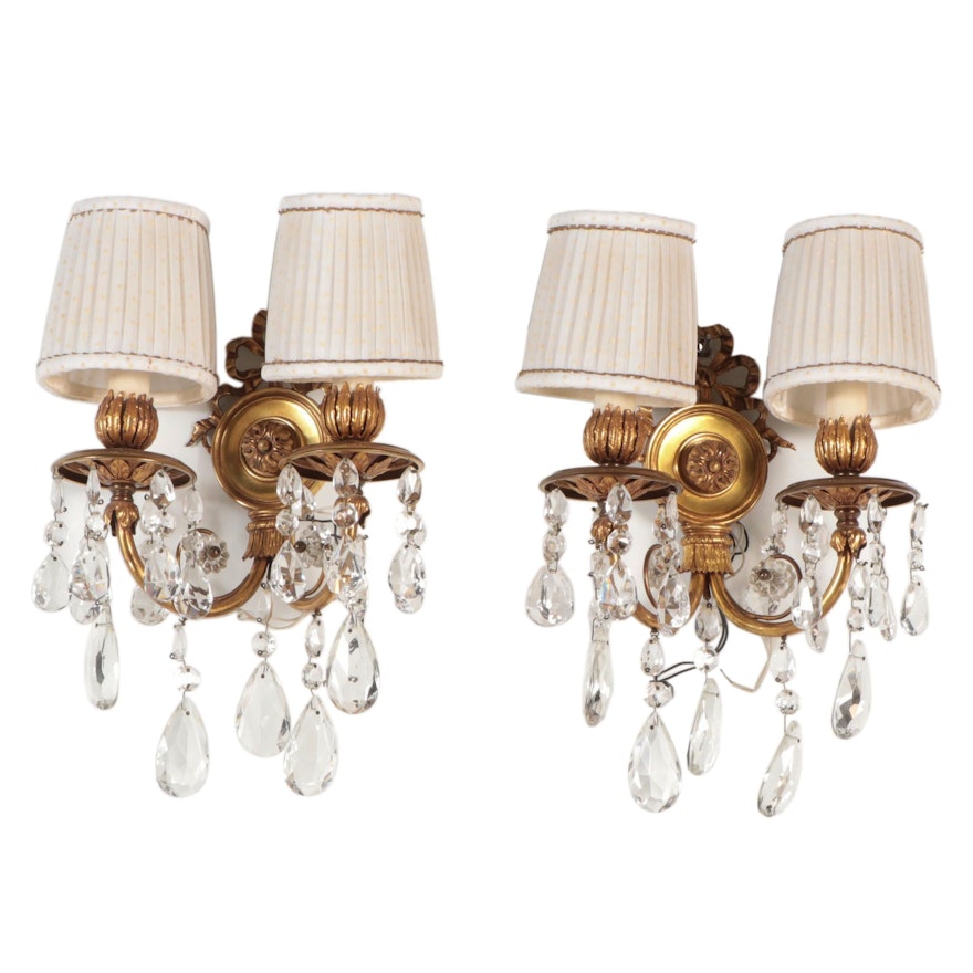 Pair of Empire Style Gilt Metal Sconces with Crystal Prisms and Fabric Shades