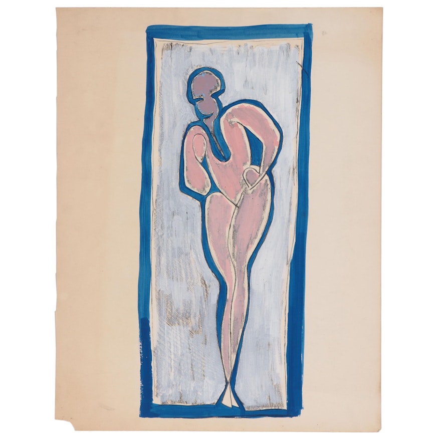 Achi Sullo Mixed Media Painting of Standing Nude, Circa 1962