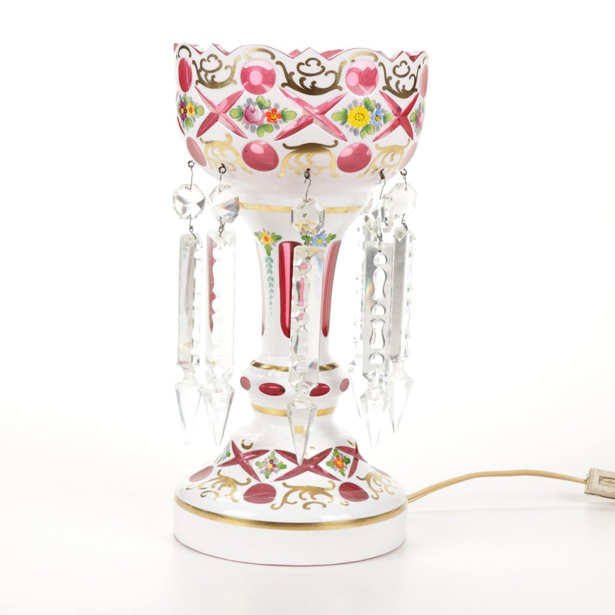 Bohemian Style White Cut-to-Cranberry Glass Girandole Lamp