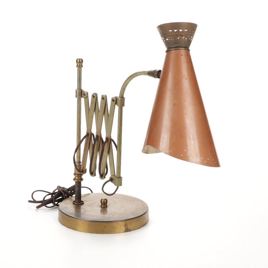 MCM Brass Desk Scissor Lamp with Conical Metal Shade