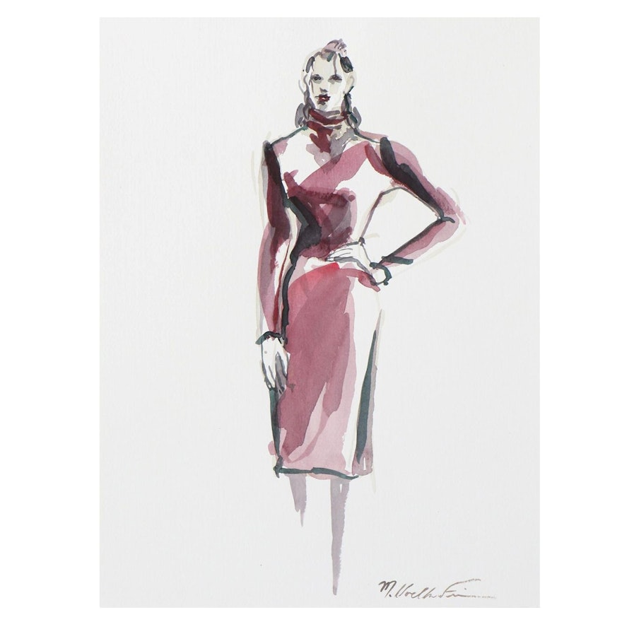 Margaret Voelker-Ferrier Fashion Watercolor Illustration, 21st Century