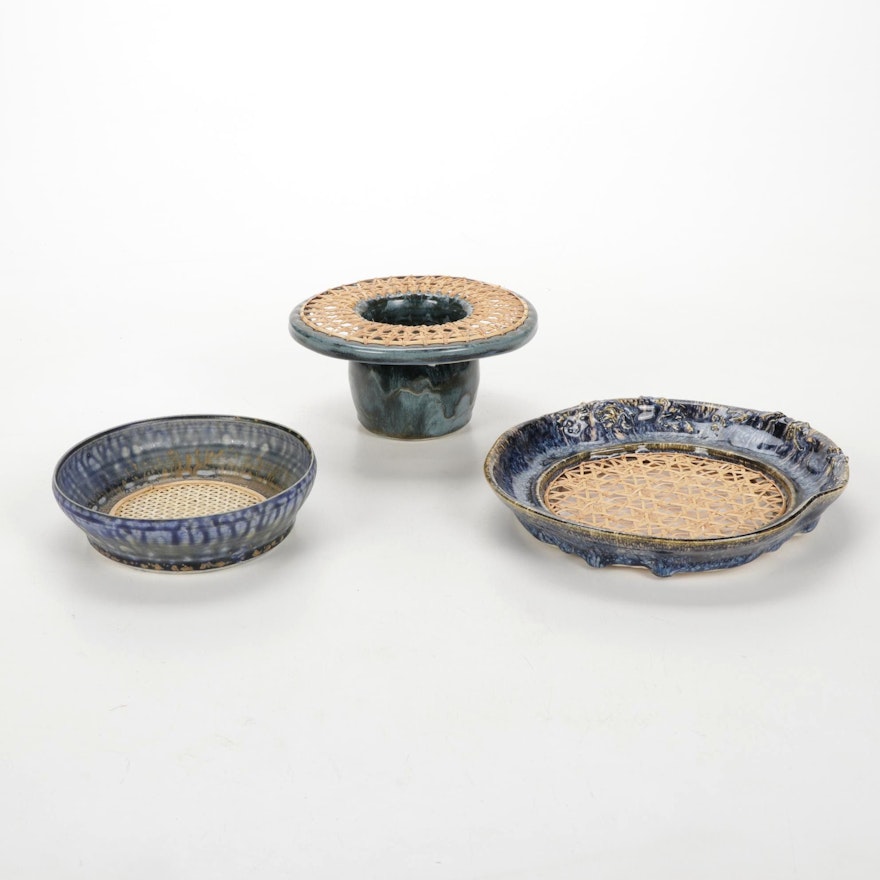 T. Roth Ceramic Decorative Bowls With Rattan Detail