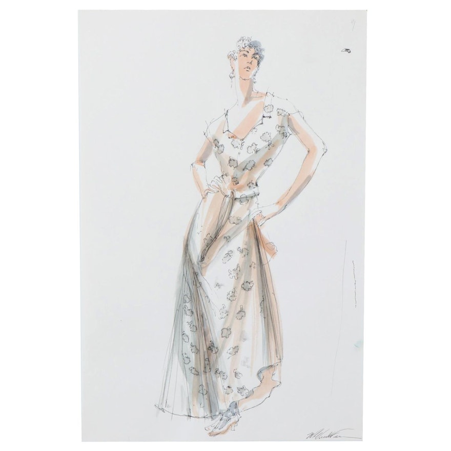 Margaret Voelker-Ferrier Ink Fashion Illustration, Late 20th Century