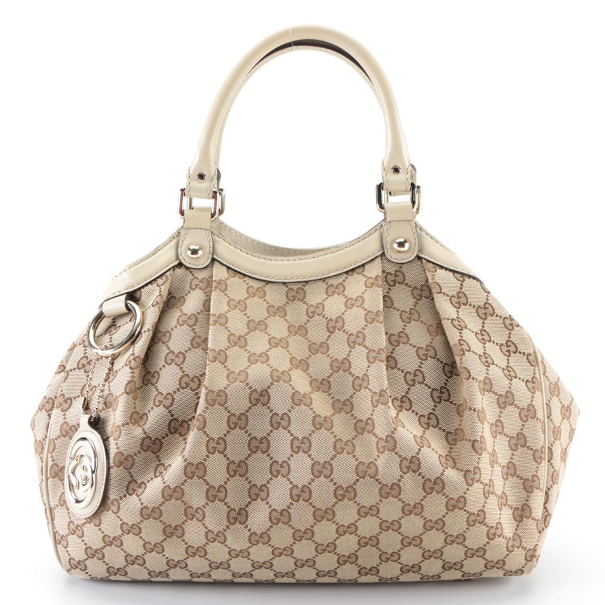 Gucci Sukey Tote Bag in GG Canvas and Off-White Leather Trim