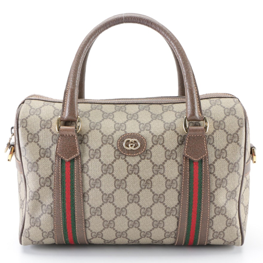 Gucci Boston Bag in GG Supreme Canvas, Web Stripe, and Leather