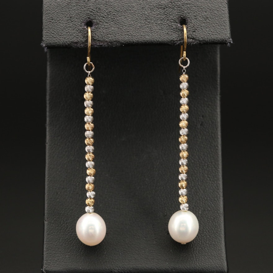 Sterling Silver Pearl Drop Earrings with Diamond Cut Bead Accents