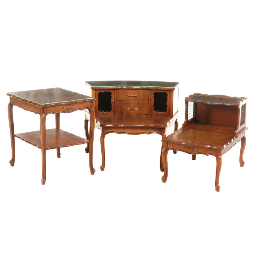 Louis XV Style Walnut-Finish End Tables with Custom Glass Tops, Mid-20th Century