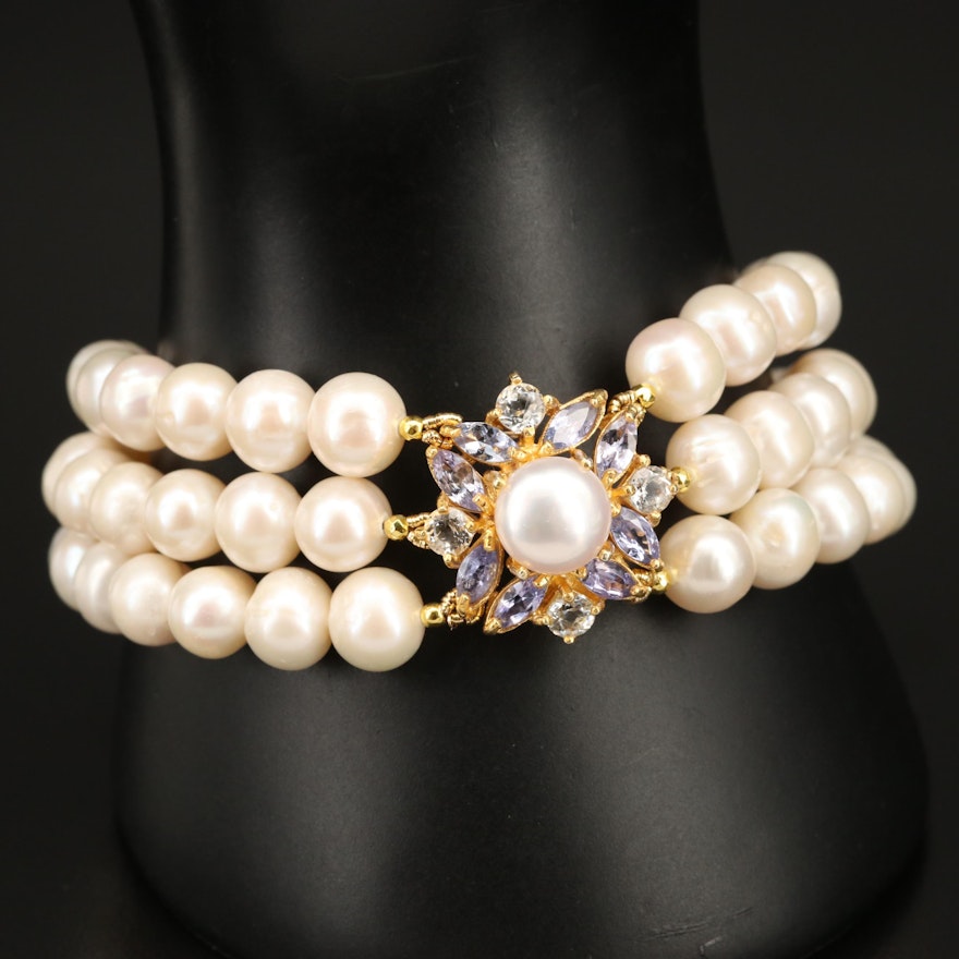 Sterling Silver Triple Strand Pearl Bracelet with Tanzanite and Topaz