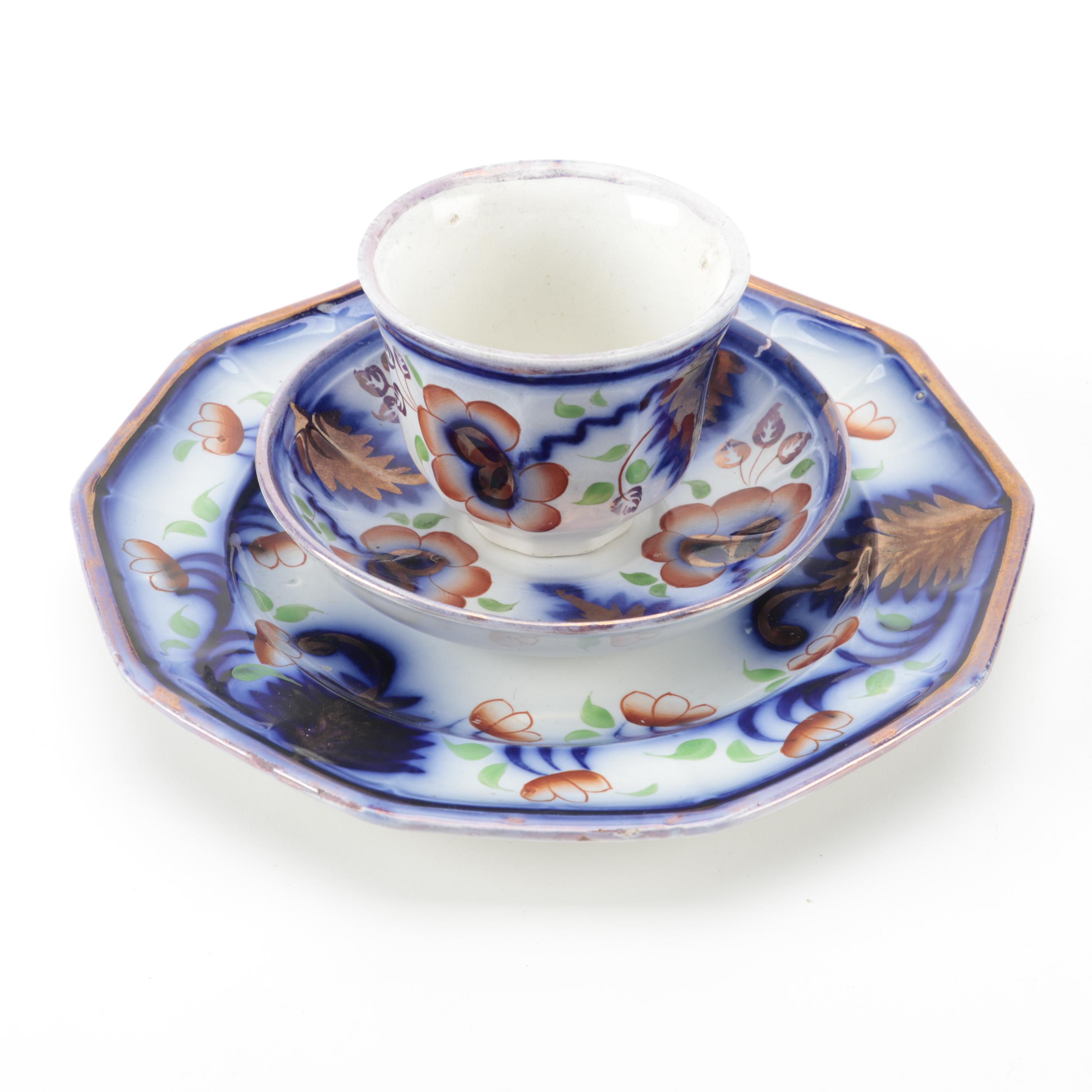 English Flow Blue Gaudy Welsh Ironstone Dinnerware, Mid-19th Century