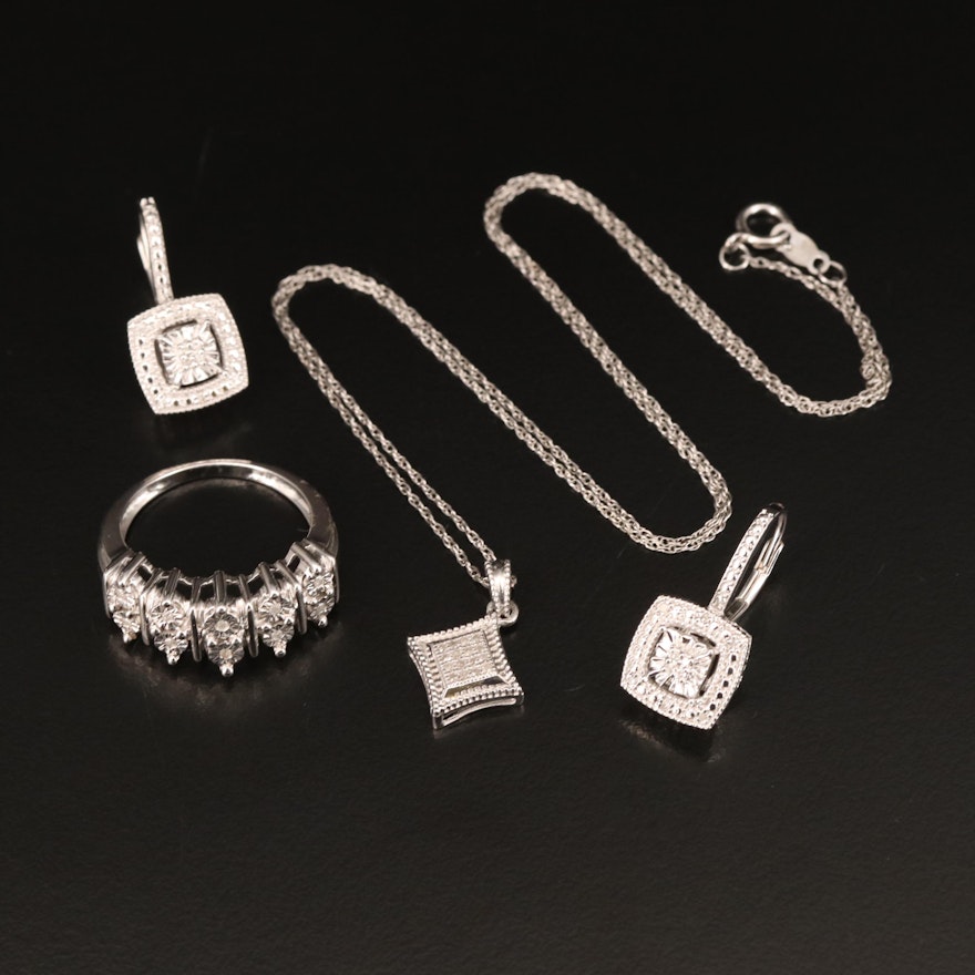Sterling Diamond Ring, Earrings and Pendant Necklace