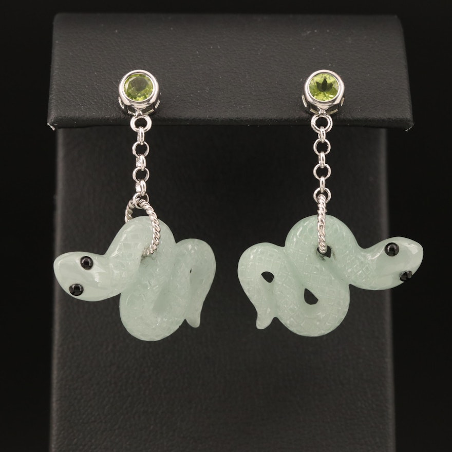 Sterling Carved Nephrite, Peridot and Black Onyx Serpent Earrings
