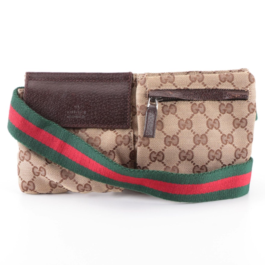Gucci Belt Bag in Tan GG Canvas and Dark Brown Leather with Web Stripe Strap