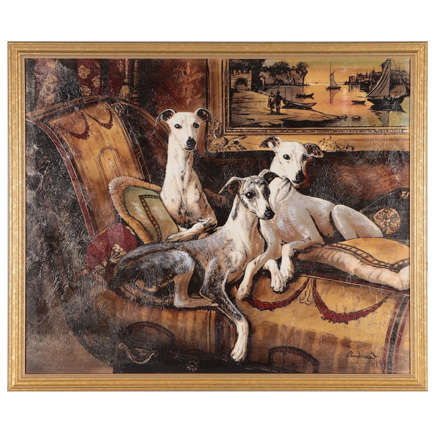 Embellished Serigraph of Portrait of Greyhounds