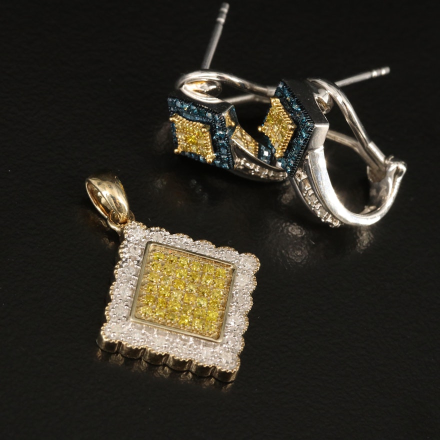 Sterling Diamond J Hoop Earrings and Cluster Pendant
