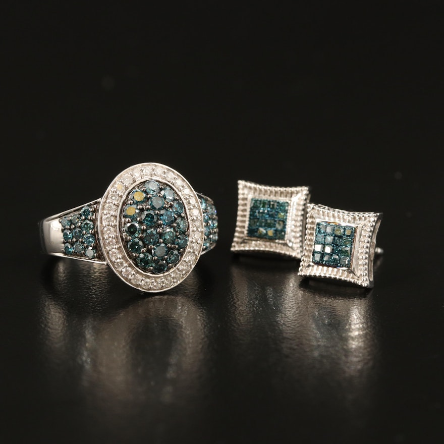 Sterling Diamond Cluster Ring and Earrings