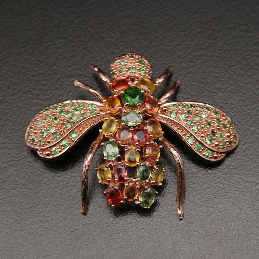 Sterling Diopside, Sapphire and Tsavorite Insect Brooch