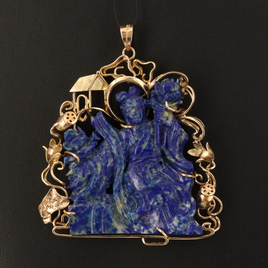 14K Carved Lapis Lazuli Figural Pendant