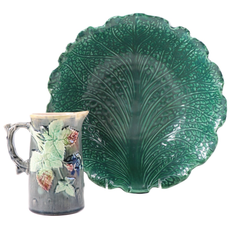 Majolica Cabbage Leaf Bowl with Majolica Berry Pitcher