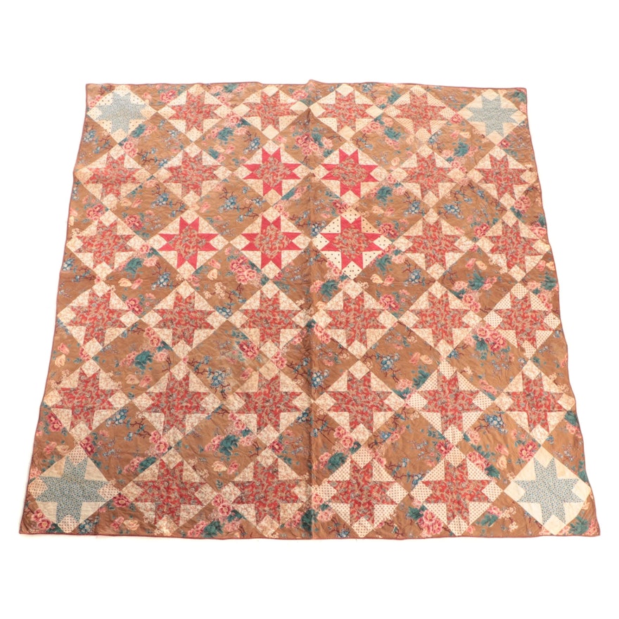Handmade "Square and Points" Pieced Quilt, Early to Mid-20th Century