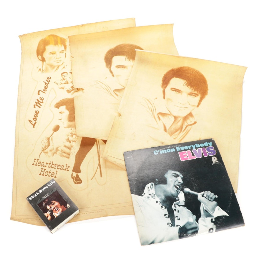 Three Elvis Art Prints, 8-Track Stereo Tape, and "C'mon Everybody" Vinyl Record