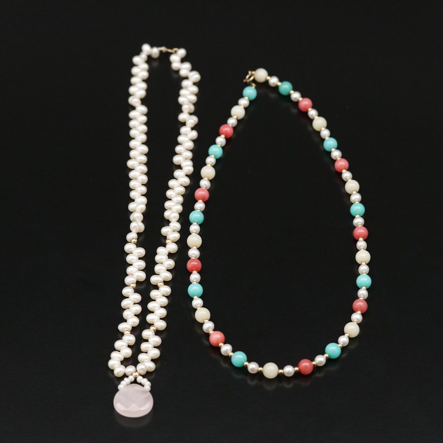 14K Pearl Necklaces with Quartzite and Rose Quartz