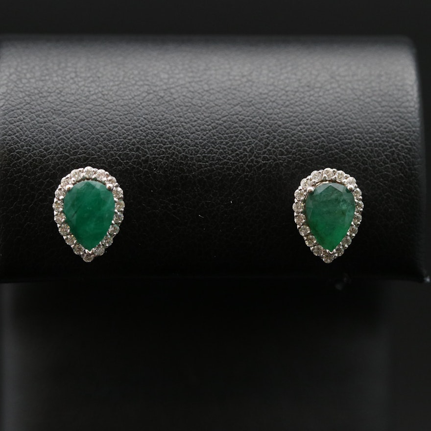 18K Emerald and Diamond Halo Teardrop Stud Earrings