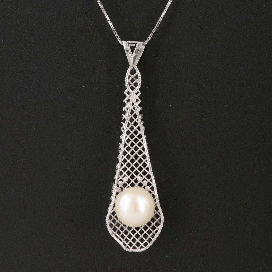 Sterling Box Chain with Italian Sterling Openwork Pearl Pendant