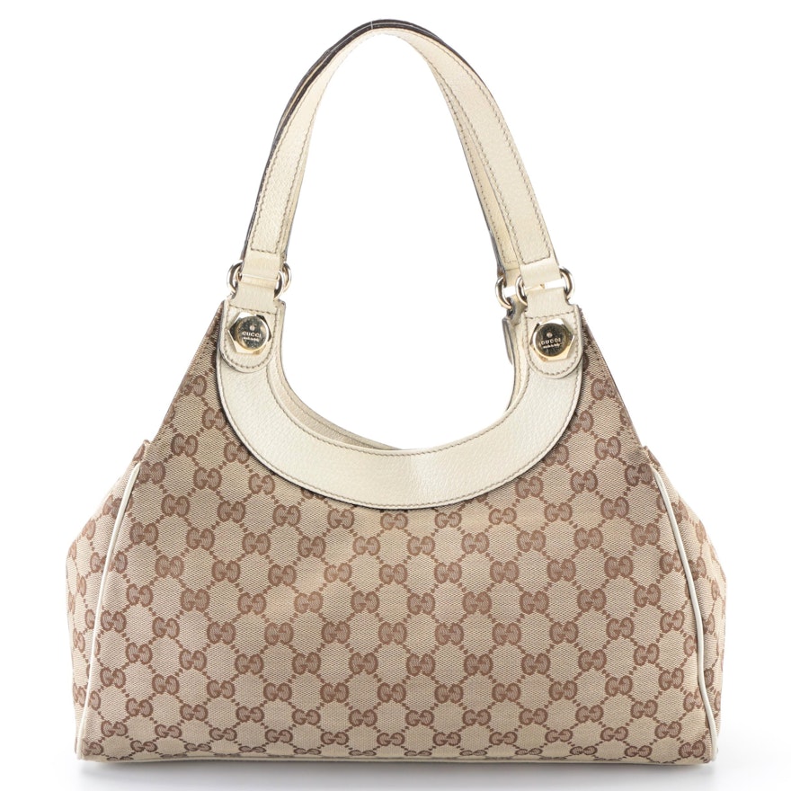 Gucci Shoulder Bag in GG Canvas with White Leather Trim