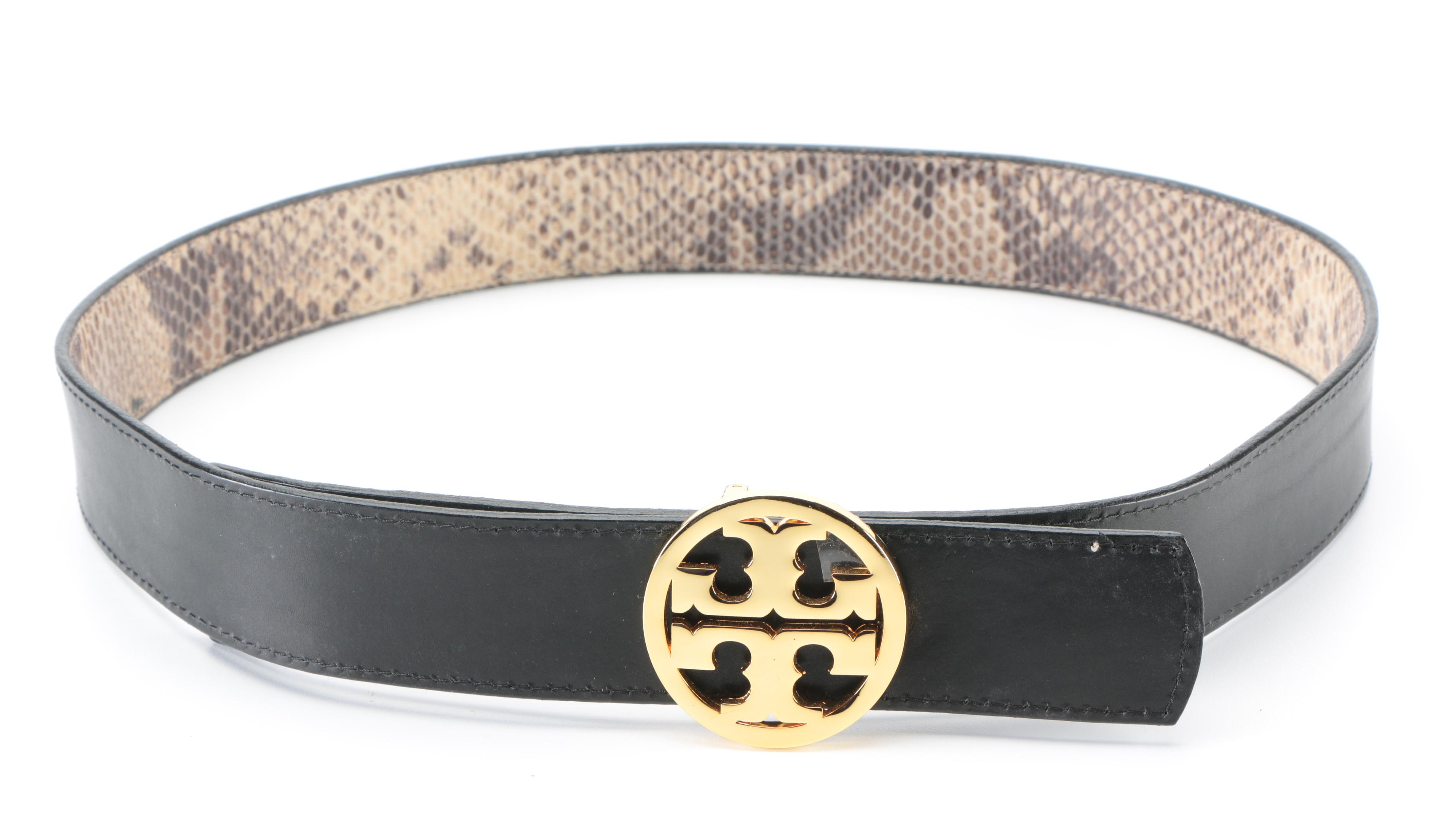 Tory Burch Reversible Double T Belt in Snakeskin Effect and Brown Leather