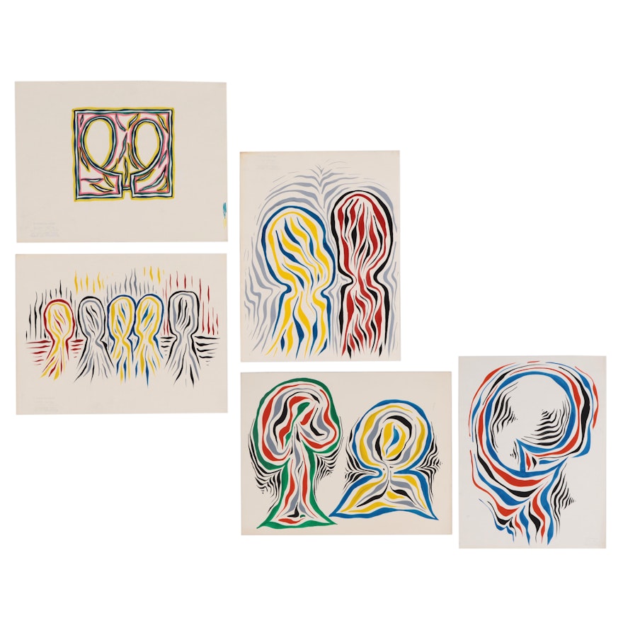 Achi Sullo Abstract Gouache Portraits, Circa 1968