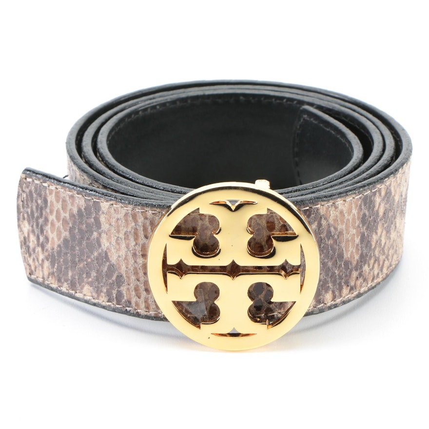 Tory Burch Reversible Double T Belt in Snakeskin Effect and Brown Leather