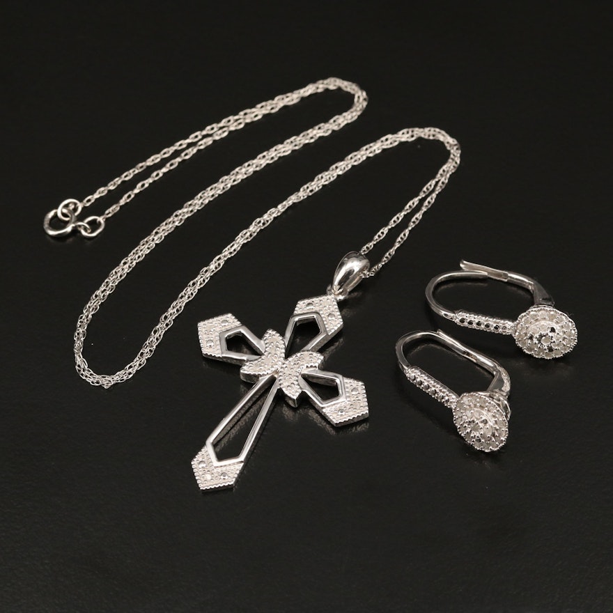 Sterling Diamond Cross Necklace and Drop Earrings