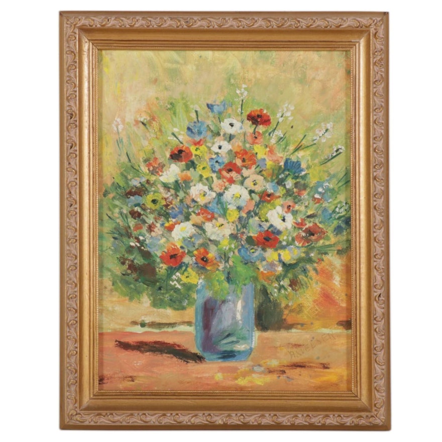 Ann Welser Still Life Oil Painting of Flowers in Vase, Mid-Late 20th Century
