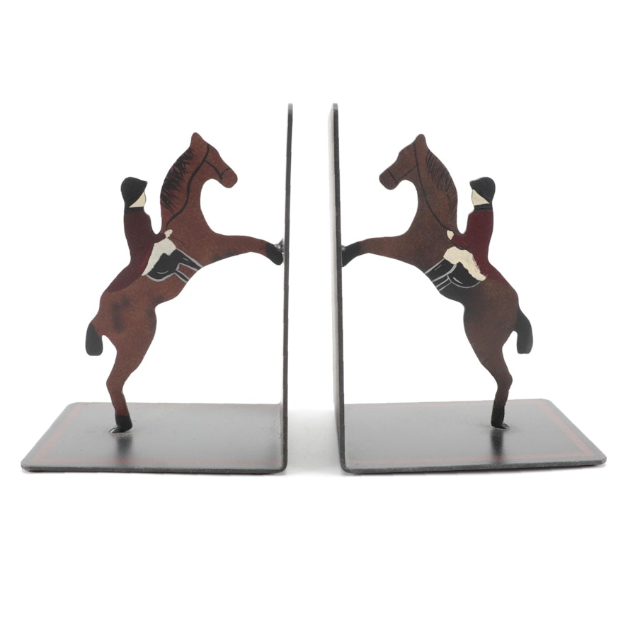 Pair of Guild Master Show Jumping Horse and Rider Metal Bookends