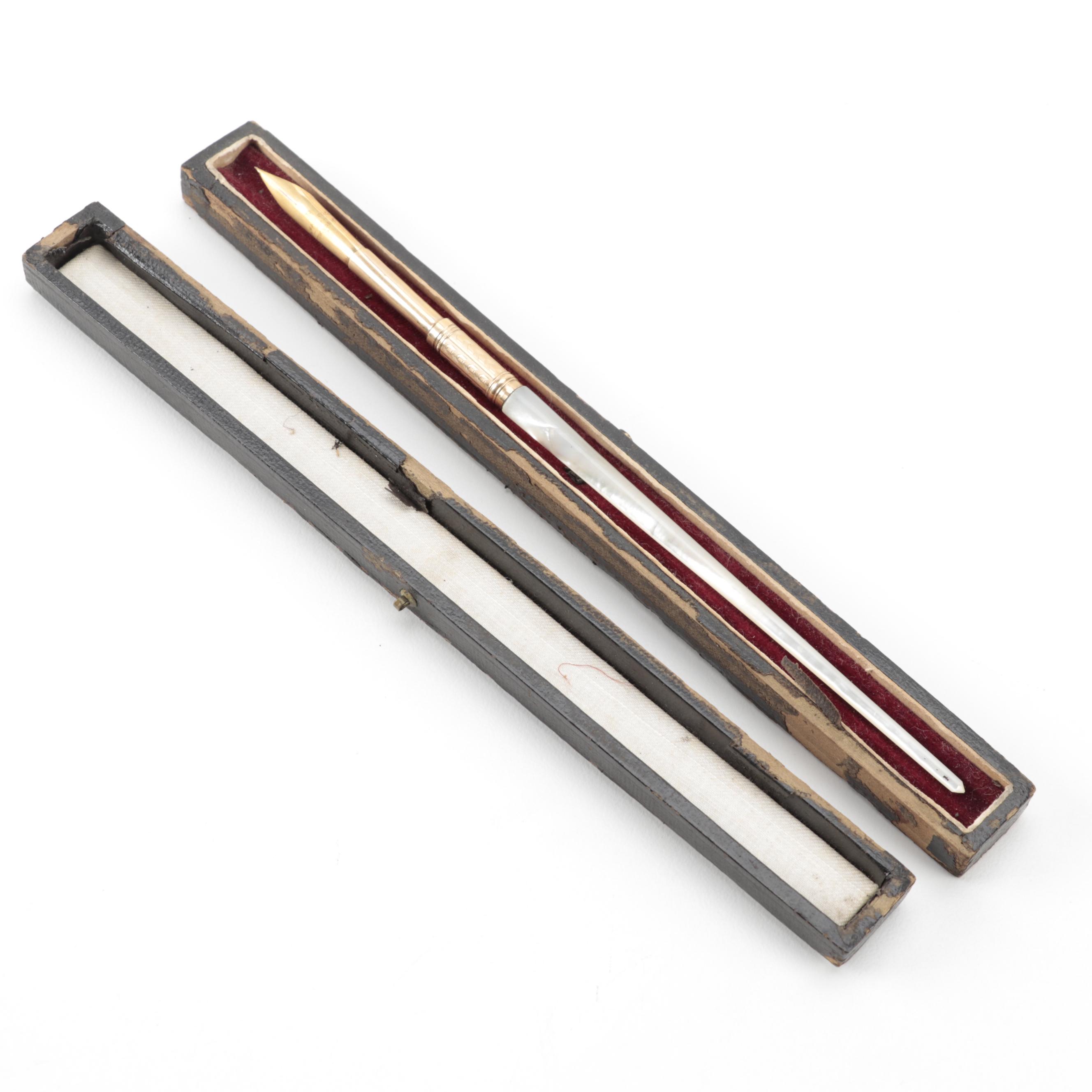 Edward Todd & Co. Gold and Mother of Pearl Ink Dip Pen, Late 19th Century