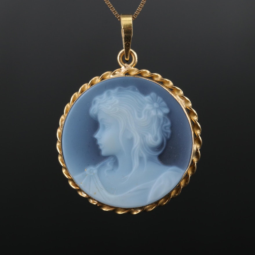 18K Onyx Cameo Pendant on 14K Box Chain Necklace