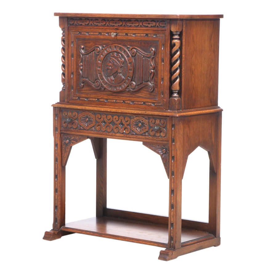 Robert Mitchell/Cincinnati Tudor Style Carved Oak Fall-Front Desk, Circa 1920