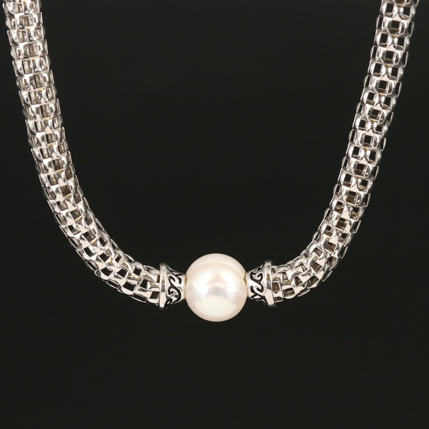 Sterling Pearl Mesh Style Station Necklace