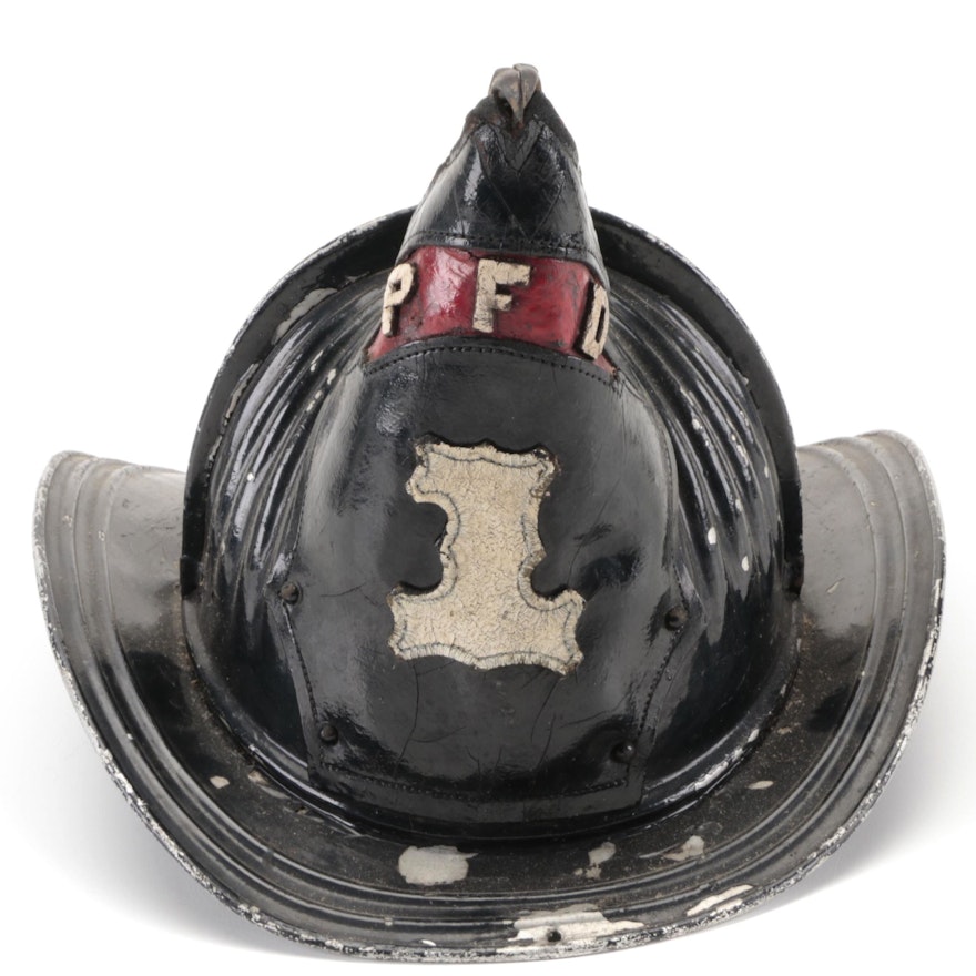 "PFD 1" Metal and Leather Firefighting Helmet with High Eagle, Late 19th C.