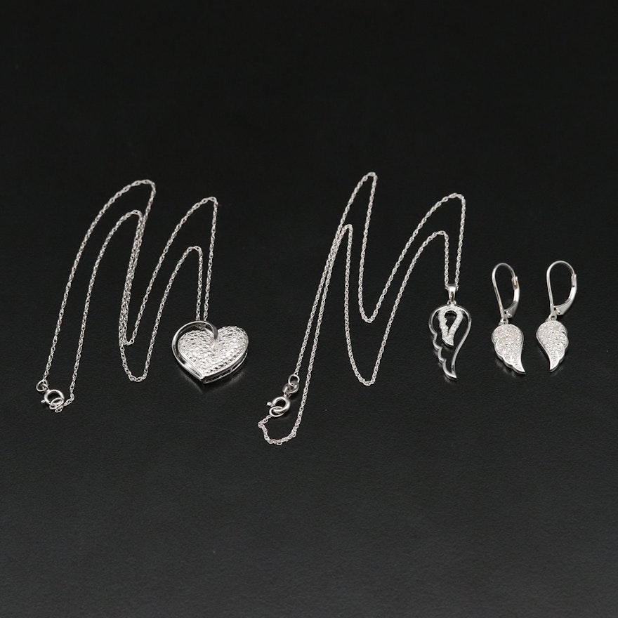 Sterling Diamond Wing and Heart Necklaces and Earrings